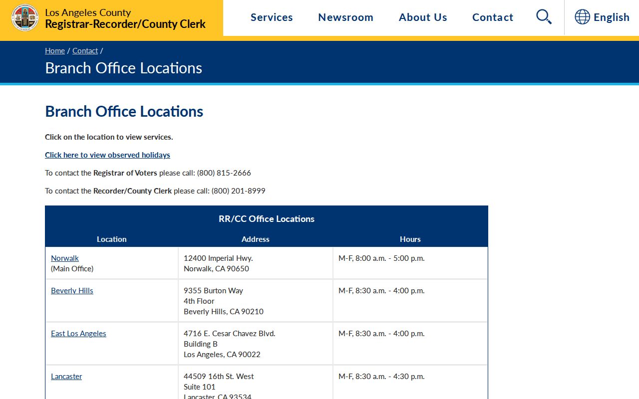 Downey residents directory Los Angeles County Registrar-Recorder branch information