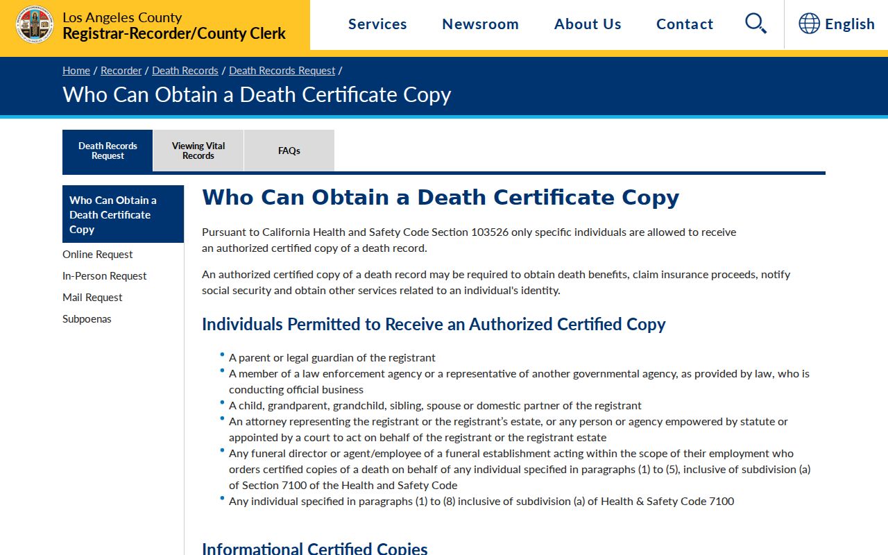 Downey previous residents death-record request