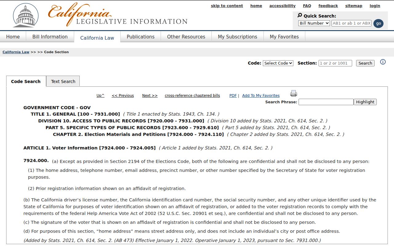 Downey ZIP code directory voter record confidentiality law